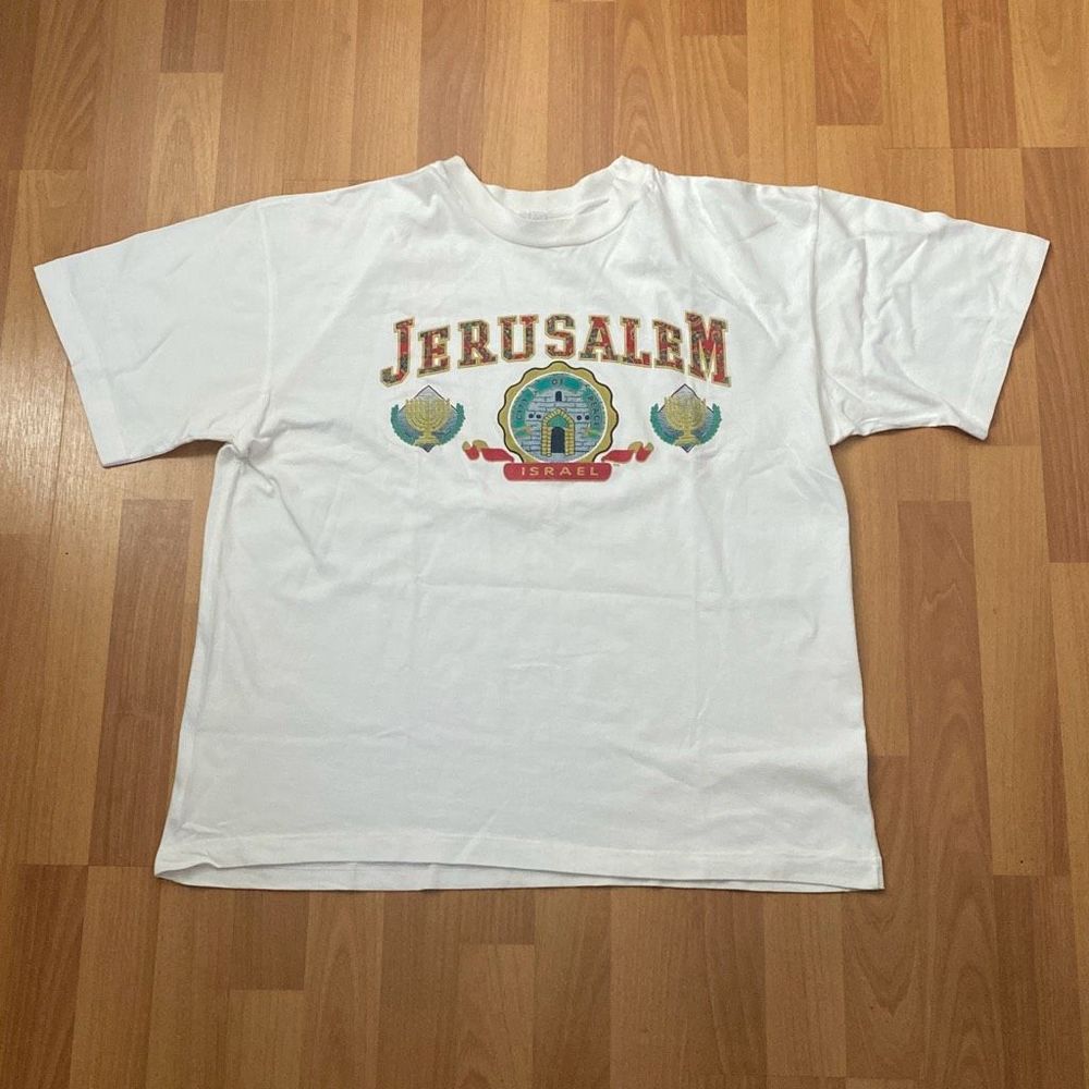 Vintage Jerusalem City of Peace Religious White T Shirt Men 2XL Made in Israel